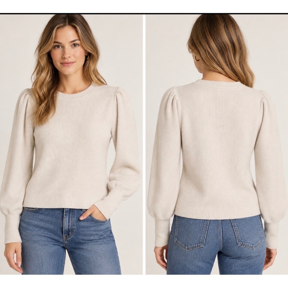 Madewell Puff Sleeve Ribbed Sweater Cream Oatmeal Merino Wool Alpaca Blend M